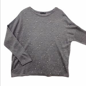 ZARA Pearl Embellished Crew Neck Sweater Gray XL